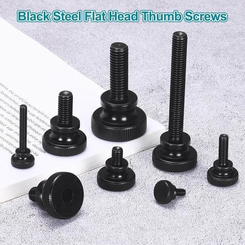 15 Pack M6 x 16mm Knurled Thumb Screws Black Steel Flat Head With Shoulder Grip displayed on a surface