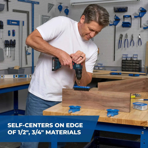 Man using Portable Drilling Guide With Six Hardened Drill Guides For Precise Carpentry Holes And Quick Setup For DIY Projects