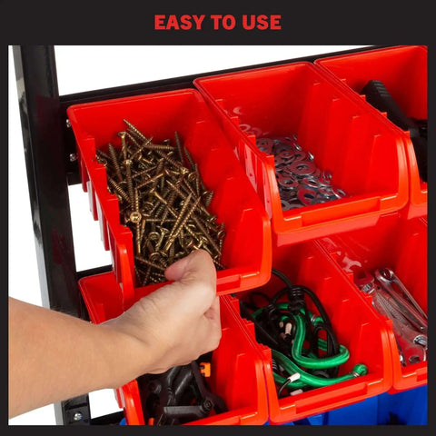 Close-up of 47 Bin Garage Organizer Rack With 15 Large And 32 Small Bins, holding screws and hardware.