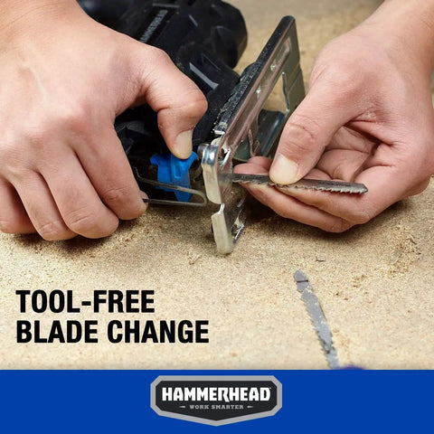 Hands changing blade of Powerful 4.8 Amp Jig Saw For Woodworking With Three Quarters Inch Stroke Includes Two Wood Cutting Blades Variable Speed Control And Four Stage Orbital Function With Brake For Smooth Precise DIY Wood Cutting By Hammerhead HAJS048