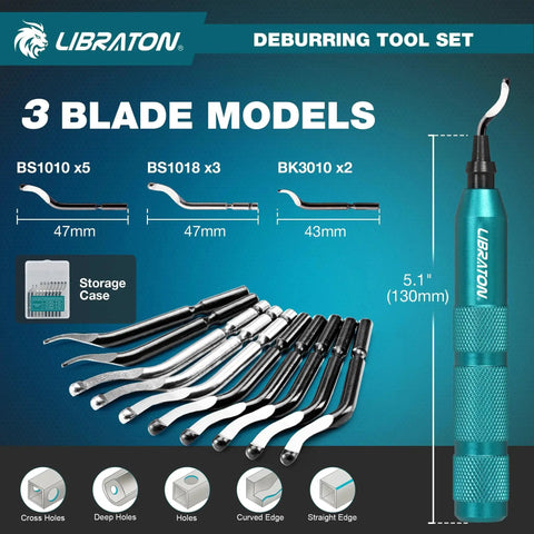 Deburring Tool Kit With 360 Degree Swivel Handle Includes One Detachable Metal Deburring Tool Two Precision Countersink Reamers And Ten Replacement HSS Blades For Metal Wood Plastic PVC Resin Copper 3D Printing Chamfering And Edge Deburring with blade models and storage case.