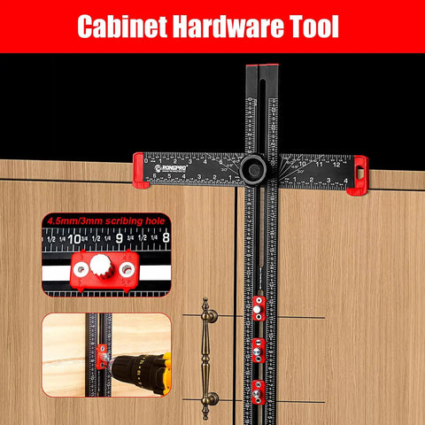 4 In 1 Adjustable T Square Measuring Tools With A 24 Inch Aluminum Ruler Protractor Bevel Gauge And Square For DIY Woodworking Pro Grade Quality Handy Cabinet Hardware Jig Marking Gauge Kit Includes Portable Storage Bag In Black shown on wooden cabinet.