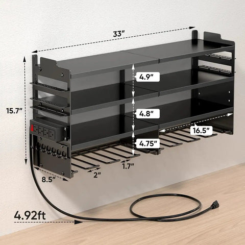 Rugged Power Tool Organizer Wall Mount With Charging Station, 4 Layer Heavy Duty Metal Tool Rack Holds 600 Lbs, 8 Cordless Drill Holders