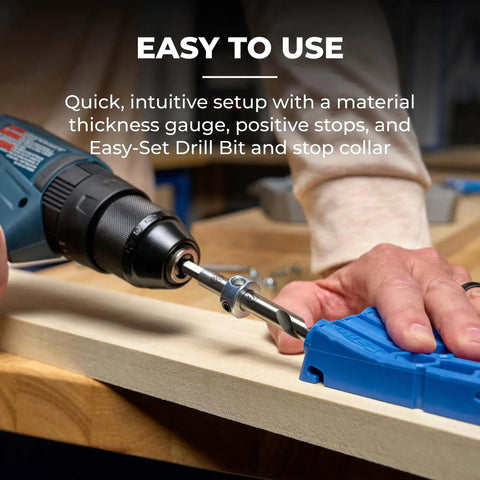 Person using a Pocket Hole Jig 320 with a classic two-inch face clamp for tight spaces on a wooden plank.