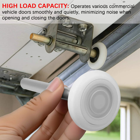 10 Pack 4 Inch Stem 2 Inch White Nylon Garage Door Roller With Protective Sealed Cap Dustproof Ultra Quiet Long Lasting Heavy Duty High Load Capacity Double Sealed Bearings Maintenance Free installed on garage door track close-up