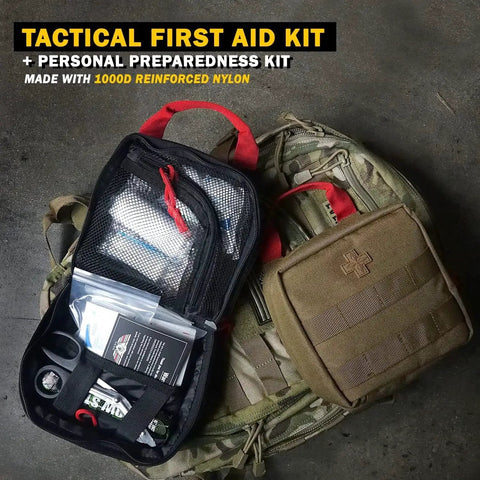 Beefy 180 Piece Tactical First Aid Kit With IFAK MOLLE Pouch for camping and hiking, displayed open with supplies, on a backpack.