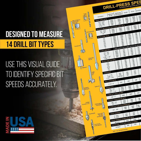 Magnetic Drill Press Chart Sign For The Workshop With RPM Guide And All-In-One Tips USA Made For Wood And Metalworking Wall Mount 8.5 X 10.5 Inches Includes 14 Drill Bit Types And Quick Reference RPM Chart Must-Have Workshop Accessory with illustrations of drill bits and RPM table, USA Made label visible.