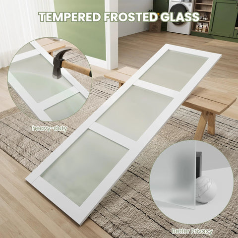 Sliding Closet Door 112x80 Inches Bypass Frosted Glass 3 Lite With Hardware Kit Included Preassembled MDF With PVC Panels