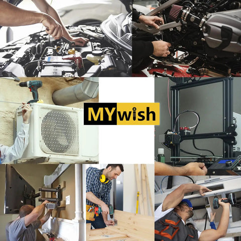 Collage of various DIY and repair projects, including car engine work, air conditioning, TV mounting, 3D printing, and woodworking.