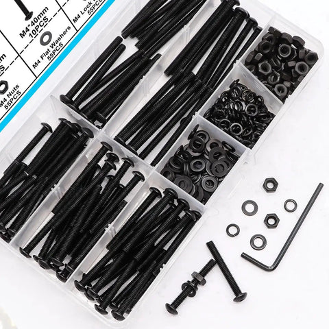 M4 Button Head Hex Socket Cap Screws Kit With Nuts And Washers, Heavy Duty Pro Grade 10.9 Grade Alloy Steel, black finish, with hex wrench