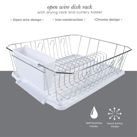 3 Piece Dish Rack Set With Cutlery Basket And Drainboard Tray Self Draining Open Wire Countertop Drying Rack In Chrome White