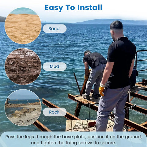 Heavy Duty Dock Base Plates 4 Pack For Floating Docks Stationary Foot Plates installation on dock over water with multiple terrain types.