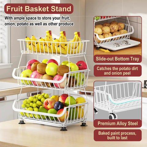 3-Tier Rolling Pantry Cart With Wheels For Kitchen Organization And Storage, filled with fruits and vegetables in white wire baskets.