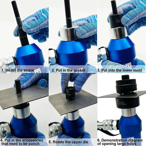 Step-by-step guide using Pro Grade Heavy Duty Knockout Hole Punch Driver Kit With Six Dies, 360 Degree Rotating Electrical Conduit Hole Cutter Set, KO Tool For Metal Sheets, Hydraulic Hole Digger, Ultra Portable Carry Case, Blue