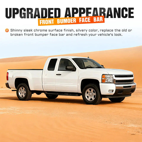 Side view of a Chevy Silverado with a Front Bumper Impact Face Bar Chrome Steel For Chevy Silverado 2007-2013 installed in a desert.
