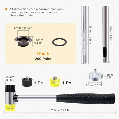 One Quarter Inch Black Grommet And Eyelet Kit With 200 Sets And Included Punch, Base, Install Rod, Hammer, Rubber Heads Diagram