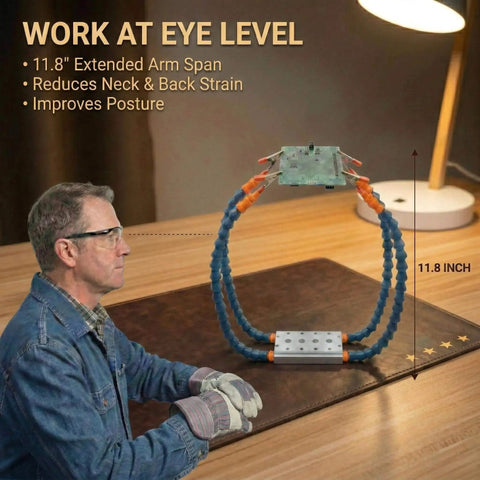 Four Arm Handy Helping Hands Pro Grade With Eleven Point Eight Inch Extended Gooseneck And Three Sixty Degree Rotating Alligator Clamps Third Hand PCB Holder on desk with man using it for soldering work.