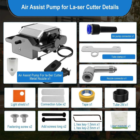 Air Assist System For Laser Cutter And Engraver, 30 LPM Airflow, pump with connectors, tubes, nozzle, and accessories layout