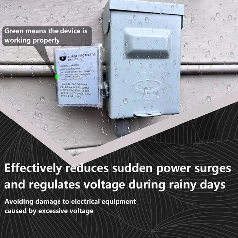 Whole House HVAC Surge Protector With TPMOV Tech installed outdoors, showing watertight enclosure and surge protection features.
