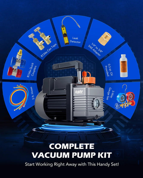 Orion Motor Tech AC vacuum pump kit with gauge, 1/3 hp, 4 cfm, 5 ft hoses, R134a adapters