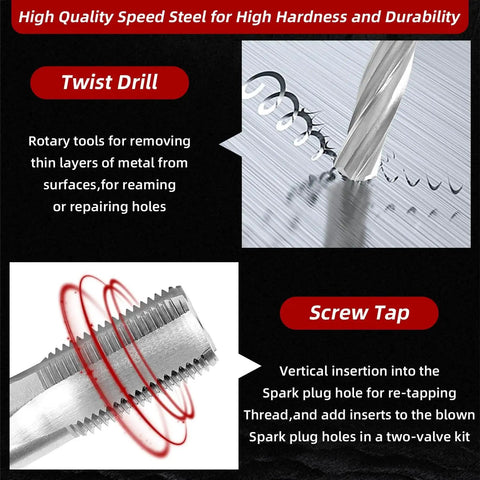 Close-up of a twist drill and screw tap for Two Valve Spark Plug Thread Repair Kit For Ford Triton 4.6L 5.4L 6.8L SOHC.