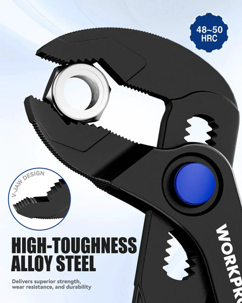 Close-up of Tiny But Mighty 4 Inch Water Pump Pliers With 15 Position Push Lock V Jaw Groove Joint Pliers gripping a bolt.