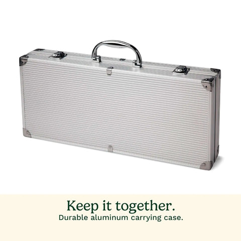 Aluminum carrying case for Deluxe 20-Piece BBQ Tool Set With Stainless Steel Grilling Tools And Aluminum Case Includes Spatula, Tongs, Digital Temperature Fork, Basting Brush, Four Corn Holders, Five Skewers, Cleaning Brush And More A Gift For Dads Husbands And Grilling Crew.
