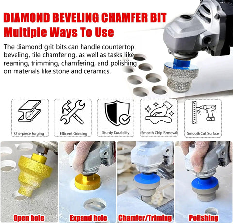 Three In One Diamond Core Drill Bit With M10 Adapter 20mm 35mm 50mm Step Drill For Ceramic Tile Marble Granite Concrete And Wood Hole Saw Kit With Bevel Chamfer Bits Ideal For Drilling Enlarge Holes And Chamfering Fits Half Inch Chuck, shown with multiple uses in stone and ceramics