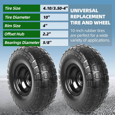 Two Pack 10 Inch Solid Rubber Tires and Wheels 4.10/3.50-4 Flat Free Replacement showing size and specifications on blue background