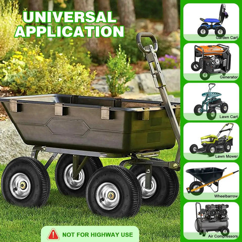 10 Inch Pneumatic Wheel Set With 4.10/3.50-4 Tire, 2.2 Inch Offset Hub And 5/8 Inch Bearings on garden cart with various applications