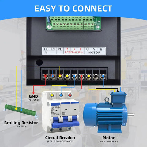 Wiring diagram for Beefy 7.5KW 10HP VFD Variable Frequency Drive 380 to 440V showing connections to circuit breaker and motor.
