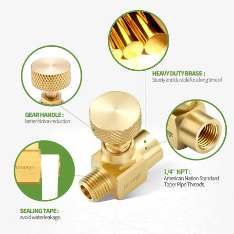 Heavy Duty Brass Needle Valve Set With 1/4 Inch Male NPT Connections, Two Pack For Precise Flow Control In Gas, Oil, And Industrial Lines, Rugged Pro Grade Replacement Valves For Open Close Propane And Instrument Applications, Litorange, showing gear handle and sealing tape details.