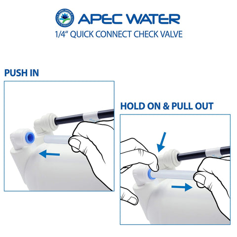 APEC Water Systems 1/4 inch quick-connect check valve, white plastic with blue seal.