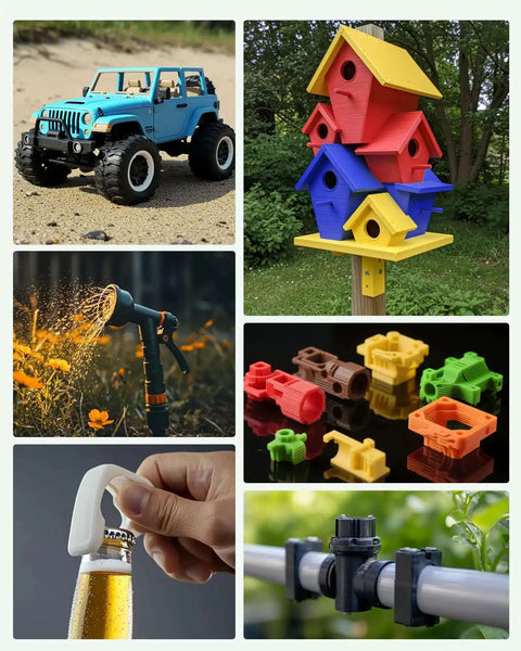 Collage of various DIY and garden projects featuring colorful 3D printed objects, including birdhouses, toy car, and gardening tools.