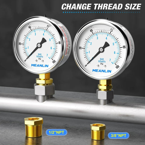 Stainless Steel Liquid Filled Pressure Gauge With 2.5 Inch Dial Face, 0 To 100 Psi And 0 To 0.7 MPa, Lower Mount, 1/4 Inch NPT Connection.