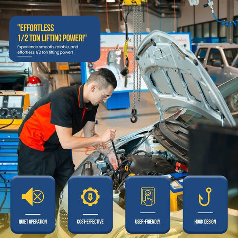 Mechanic using Half Ton Pneumatic Air Hoist With 20 Foot Lift And Pendant Throttle Control in auto repair shop