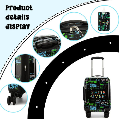 Kids 16 Inch Travel Suitcase Set with Smooth Rolling Spinner Wheels for Boys, Hard Shell, Airline Approved, Game Over Design