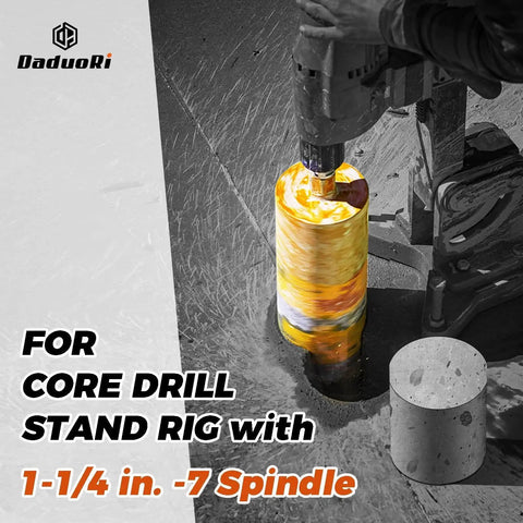 Heavy Duty 8 Inch Wet Core Drill Bit For Concrete And Masonry With 14 Inch Depth Diamond Grit Coated Cobalt Steel Core Bit Fits One And A Quarter Inch To Seven Thread Rebar Friendly Drills Through Brick Block Stucco Stone And Cement installed in masonry wall.
