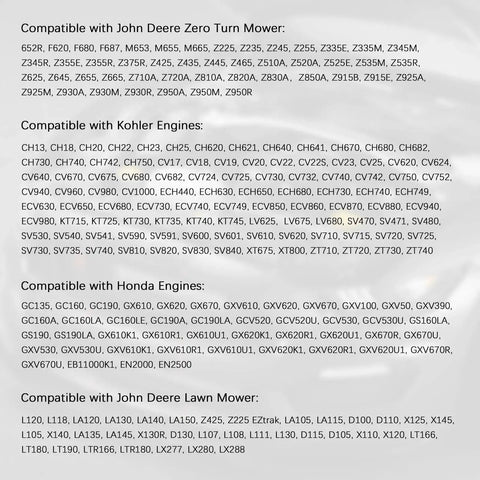 Compatibility chart for John Deere, Kohler, and Honda engines shown on gray background with model numbers listed