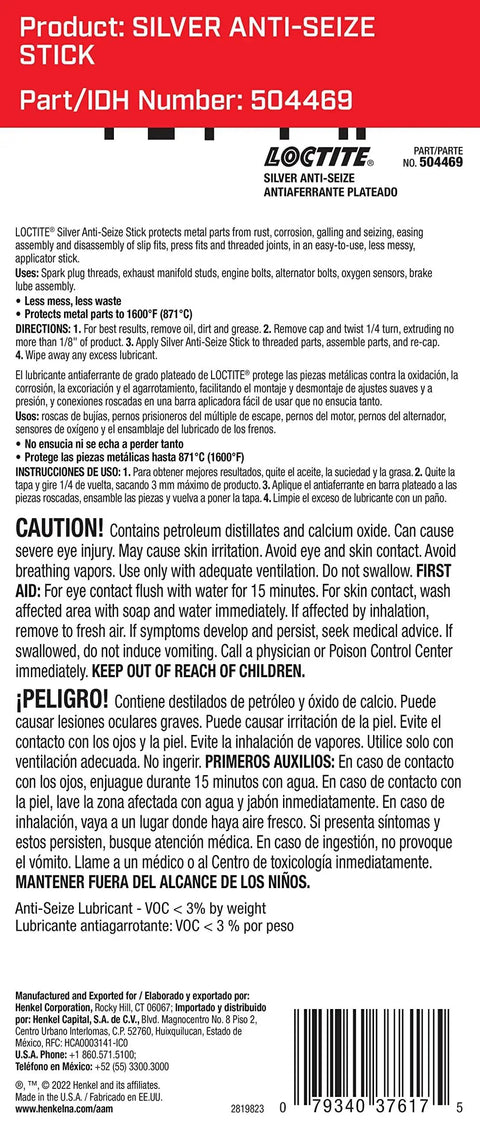 Back label of Loctite Vehicle Specific Silver Grade Anti Seize Stick Lubricant For Automotive Fasteners High Temperature Resistant Easy To Apply 20 G By Loctite OEM Approved For Pro Mechanics And DIY Enthusiasts To Prevent Galling And Seizing Under Extreme Heat And Vibration, showing instructions and safety information.