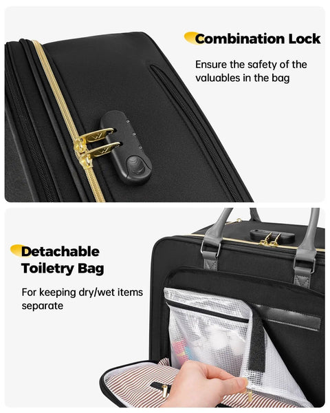 Underseat Rolling Briefcase For Travel And Work, Airline Approved Personal Item With Wheels, combination lock, detachable toiletry bag