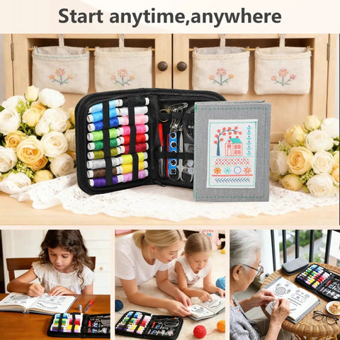 All In One Hand Embroidery Book Kit For Adults And DIY Craft Lovers 106 Illustrated Stitch Patterns With No Fuss Step By Step Tutorials 86 Piece Beginner Kit With Tools Portable Learning Guide For Home Or Travel shown open on a table with people using it.