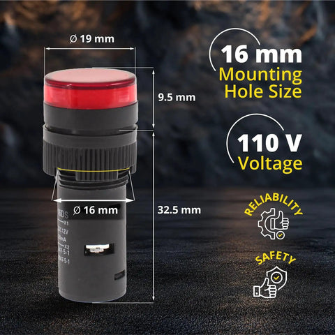Energy Saving LED Indicator Light 110V AC DC 20mA Red Panel Mount with 16mm Mounting Hole for Industrial Equipment