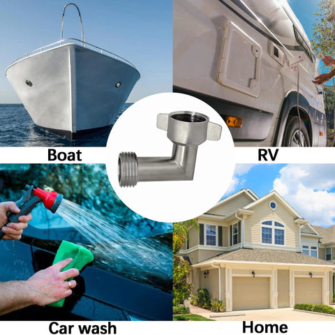 90-Degree Hose Elbow for RVs, stainless steel with 3/4 in GHT thread, easy-grip connector.