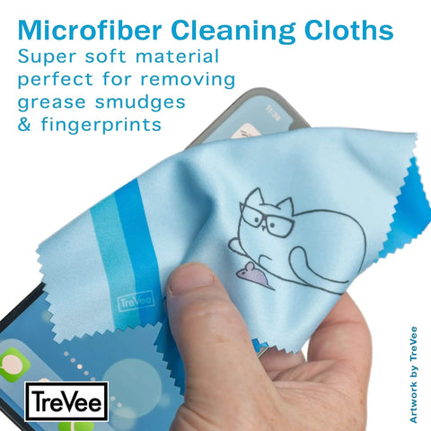 Kitty Cat Design Multicolor Microfiber Cloths for Glasses Sunglasses and Phones cleaning a smartphone screen.