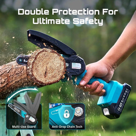Six Inch Cordless Mini Chainsaw With Two Batteries Portable Electric Chainsaw cutting wood, showcasing safety features
