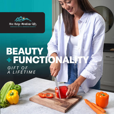 Woman slicing red pepper on Custom Laser Engraved Charcuterie And Wood Cutting Board For Weddings And Anniversaries Personalize With Names Or Monogram In Cherry Maple Walnut Or Bamboo Choose Your Finish And Gift It For Mothers Day Or Housewarming Or Everyday Kitchen Use.