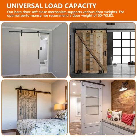 4 Pack Barn Door Soft Close Mechanisms With Spring Buffer Dampers for Sliding Barn Door Hardware supports door weights 70 to 160 pounds, shown in various interior settings.