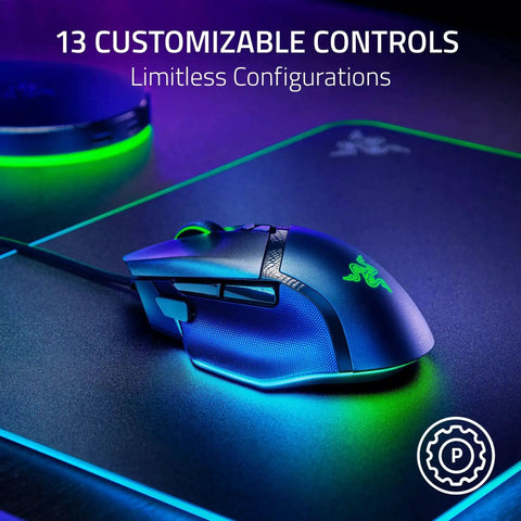 Basilisk V3 35K Wired Ergonomic Gaming Mouse With HyperScroll Tilt Wheel on RGB-lit mouse pad