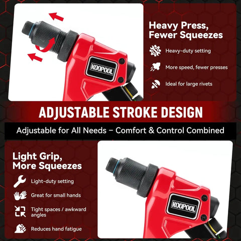 Adjustable Stroke Rivet Gun Kit With Heavy Duty Hand Riveter, red design, ideal for auto repair and DIY projects, with settings visible